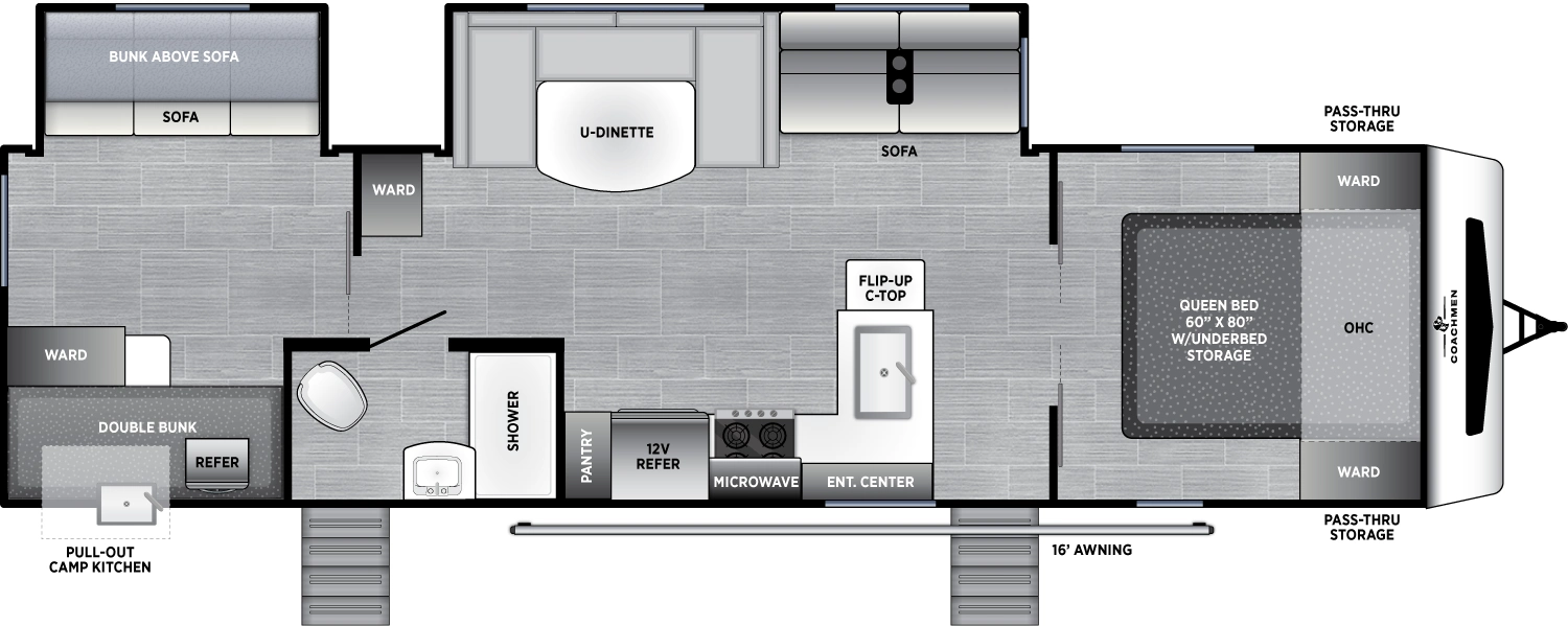 The 31SE has two slideouts and two entries. Exterior features front pass-thru storage, 16 foot awning, and pull-out camp kitchen. Interior layout front to back: foot-facing queen bed with overhead cabinet and wardrobes on each side; island entertainment center; off-door side slideout with sofa, overhead cabinet, and u-dinette, and a wardrobe; door side entry, kitchen counter with sink, overhead cabinet, microwave, cooktop, refrigerator and pantry; door side full bathroom with second entry; rear bunk room with off-door side double bunk slideout, and door side wardrobe and double bunks.